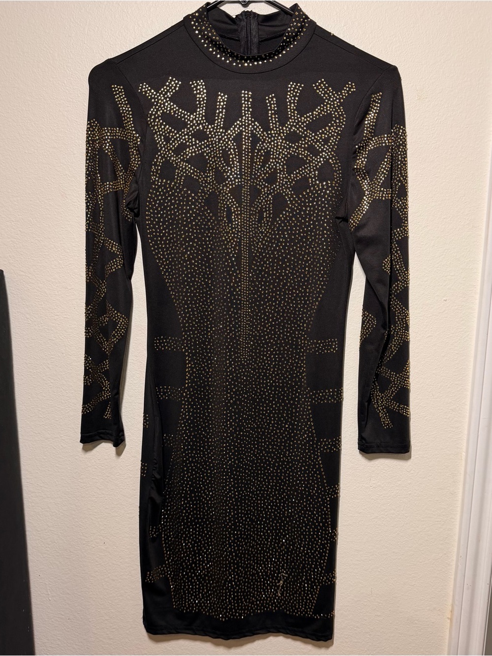 Black Long-Sleeve Bodycon Dress with Gold Stud Embellishments